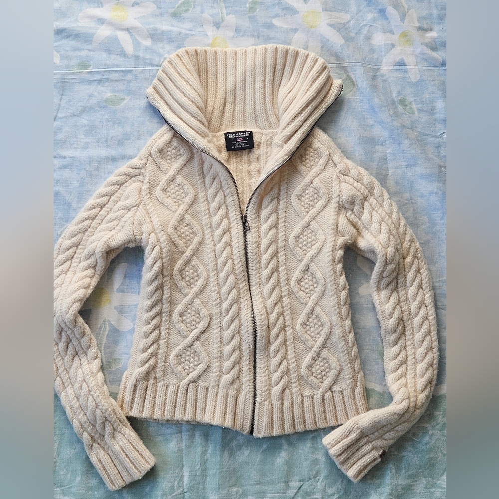 Polo Jeans co. Ralph Lauren Kids beige Cable-Knit 100％wool Full-Zip Sweater